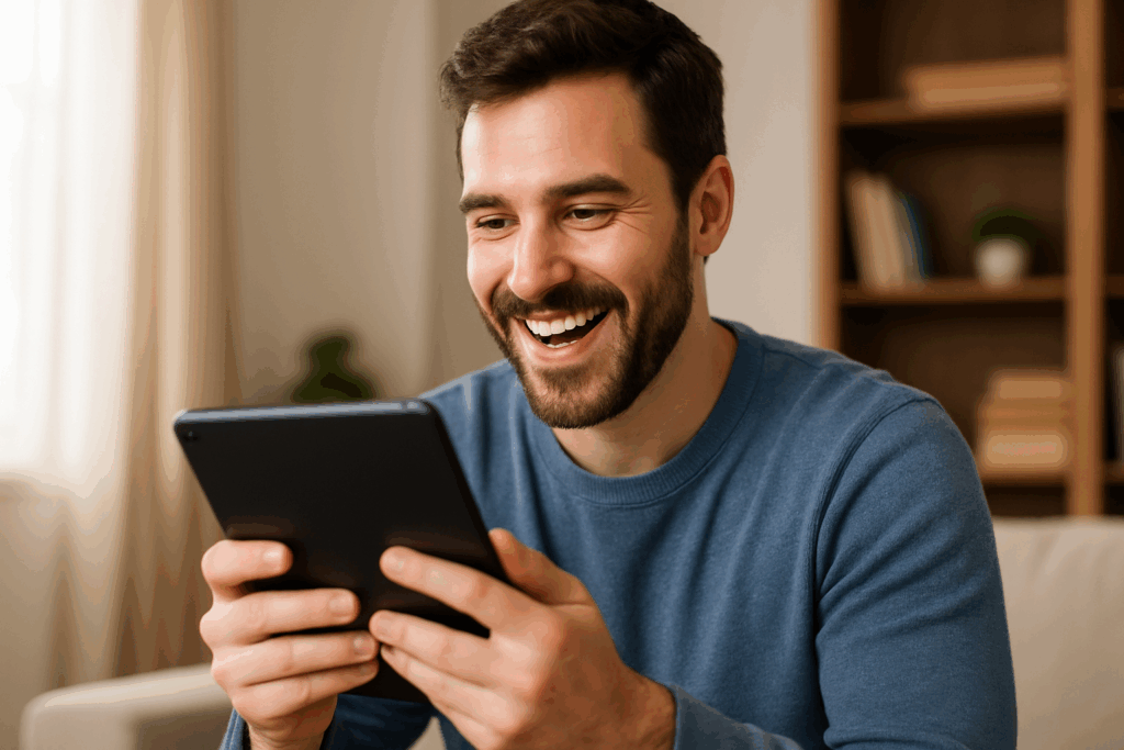 physiotherapie zu hause Physiotherapie Patient freut sich ueber einfache App Loesung